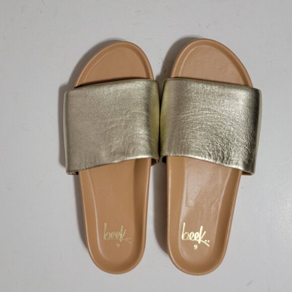 NEW Beek Pelican Leather Platform Sandal Womens 9 Chic Contemporary Gold Shimmer - Picture 2 of 9